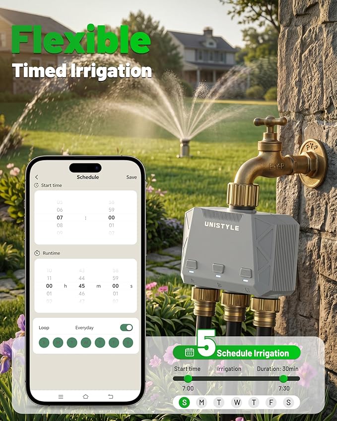 [All-New 2027] 1700FT WiFi Sprinkler Timer 3 Zone with Brass Inlet, Unistyle Smart Hose Timers Compatible Alexa & Google Voice, Water Timer for Garden Hose with Auto & Manual Modes for Garden Lawn