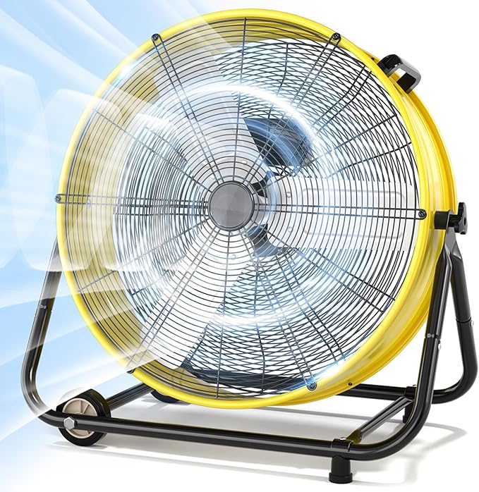 LifePlus 30" Industrial Drum Fan, 14000 CFM High Velocity 3-Speed Heavy Duty Metal Air Circulator with 360° Tilt, Casters Handle for Warehouse Factory workshops Patios Garage, Yellow