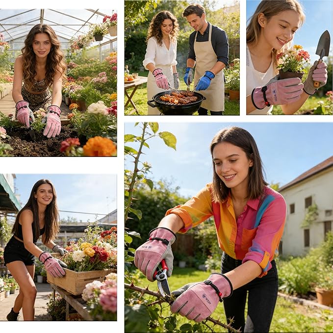 WZQH Leather Work Gloves for Men or Women. X-Large Glove for Gardening, Tig/Mig Welding, Construction, Chainsaw, Farm, Ranch, etc. Cowhide, Cotton Lined, Utility, Firm Grip, Durable. Pink-Grey XL
