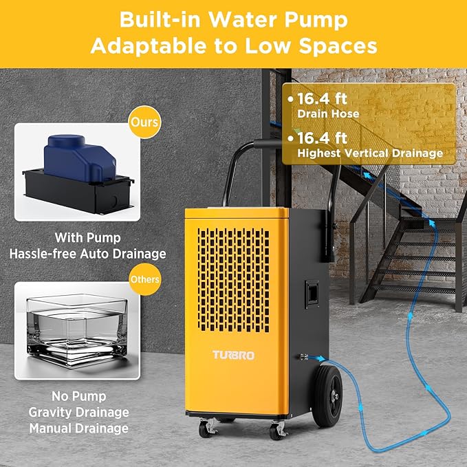 TURBRO 165 Pint Commercial Dehumidifier with Pump, Drain Hose, Industrial Dehumidifier for Large Spaces up to 7,500 Sq. Ft., Rolling Wheels, Faster Defrost, for Basement, Warehouse, Flood Restoration