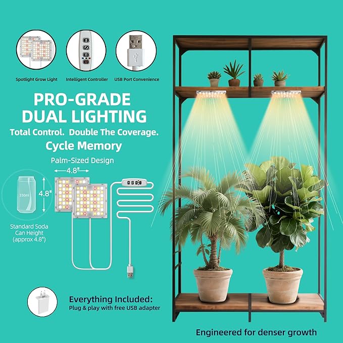 Dual Head LED Grow Light for Indoor Plants, Full Spectrum Under Cabinet Plant Light for Shelves, High PPFD Spotlight Puck with Timer & Dimmer, Stick-On Lamp for Succulents, Plant Stands & Wide Cabinet