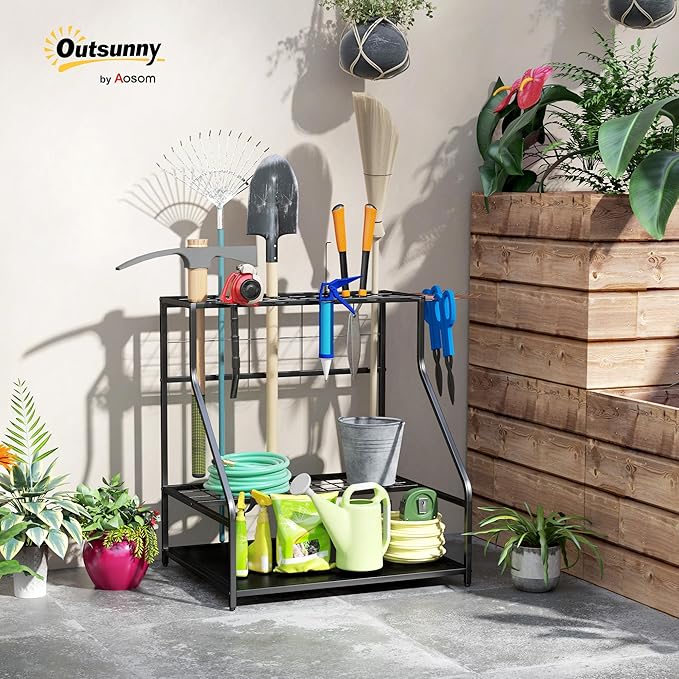 Outsunny Garden Tool Organizer for Garage, 3-Tier Yard Tool Storage Rack with Hooks for Long-Handled, Broom, Shovel, Rake, Metal Garden Tool Storage for Shed, Yard, Garage, Orange