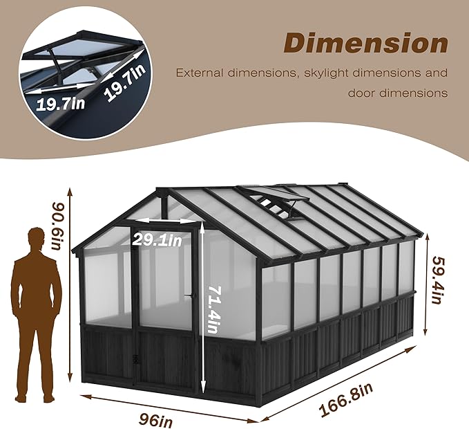 Yardenaler 8x14 FT Outdoor Greenhouse Kit, Wooden Greenhouses for Outdoors Walk-in Green House with 6MM Thick Polycarbonate Panel & Adjustable Roof Vents, Backyard Garden, Black