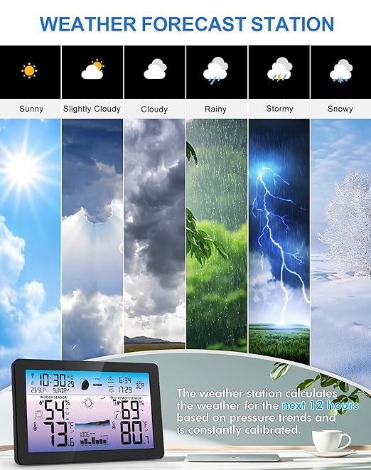 Weather Station Wireless Indoor Outdoor, Digital Thermometer with Accurate Temperature & Humidity, Large Color HD Display with Remote Sensor, Weather Forecast, Atomic Clock, Moon Phase