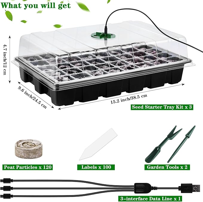 Hahood 3 Pack Seed Starter Tray Kit with Grow Light Germination Trays with Humidity Dome, 120 Peat Pellets, Gardening Tools, Plant Labels, Plant Growing Trays for Seeds Growing Starting, Black