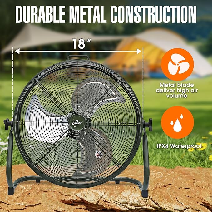 iLiving 18" Rechargeable Battery Operated Camping Floor Fan, High Velocity Portable Outdoor Fan with Metal Blade, With Built-in Lithium Battery for Whole Day Usage, 18 Inches, Military Green