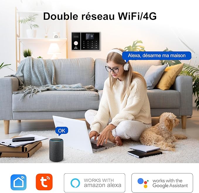 XUK Smart Home Security System,4G/GSM &WiFi Wireless Alarm Kit with Door/Window Sensors,PIR Motion Detectors,App Remote Control,Compatible with Alexa &Google Home,Easy Installation (21pcs Set)