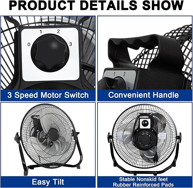 BILT HARD 12 inch 3-Speed High Velocity Floor Fan, 1650 CFM Powerful Airflow Fan, Heavy Duty Metal Fan with 180-Degree Tilt for Bedroom, Home, Residential Use, 2 Pack