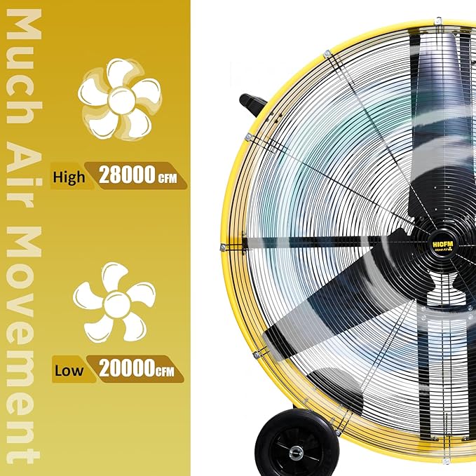 HiCFM 42" Industrial Drum Fan 28000 CFM with 8” Wheels High Velocity 2-Speed Heavy Duty Metal Floor Fan for Warehouses, Shops, Greenhouses, Barns, Gyms