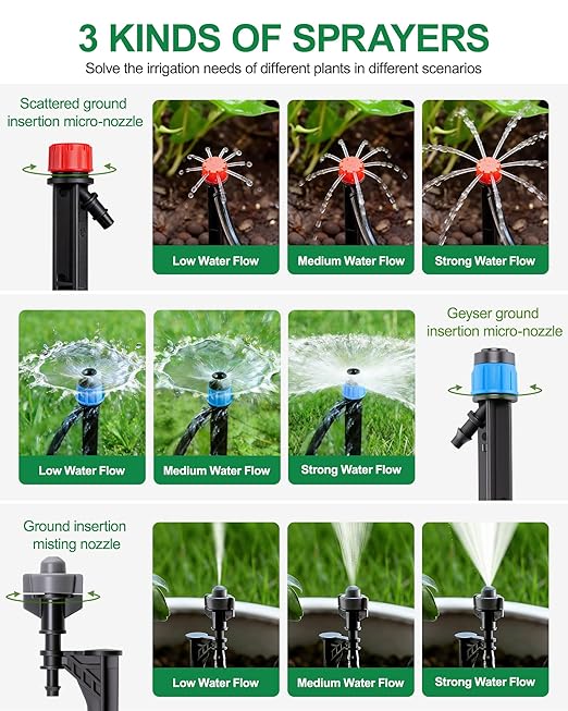 180FT Drip Irrigation System Kit, Automatic Garden Watering System with 1/2” & 1/3” Tubing, Adjustable Nozzle Emitters for Garden, Greenhouse, Lawn, Potted Plants