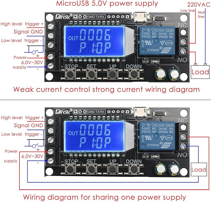 DROK Time Delay Relay, DC 5V/12V/24V Timer Relay Delay-Off Cycle 0.01s-9999mins Adjustable Trigger with LCD Display Support Micro USB 5V Input