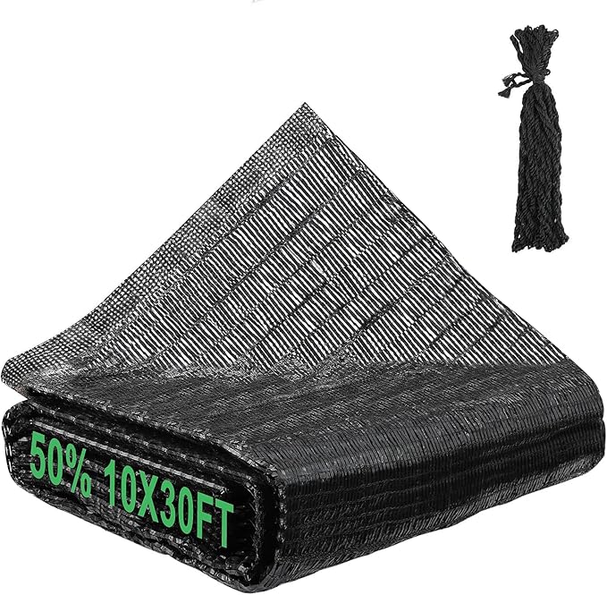 Bigmeta Cuttable Shade Cloth for Garden - 10x30FT 50% UV-Resistant Mesh Tarp with Rope, Black Sun Cover Net for Patio Greenhouse Raised Beds Plants