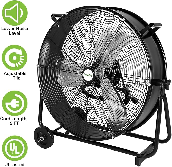hykolity 24 inch Ultra Quiet Variable Speed High Velocity Drum Fan, 7800 CFM Industrial Heavy Duty Shop Fan with DC Motor for Workshops, Garage, Warehouse and Basement, UL Listed