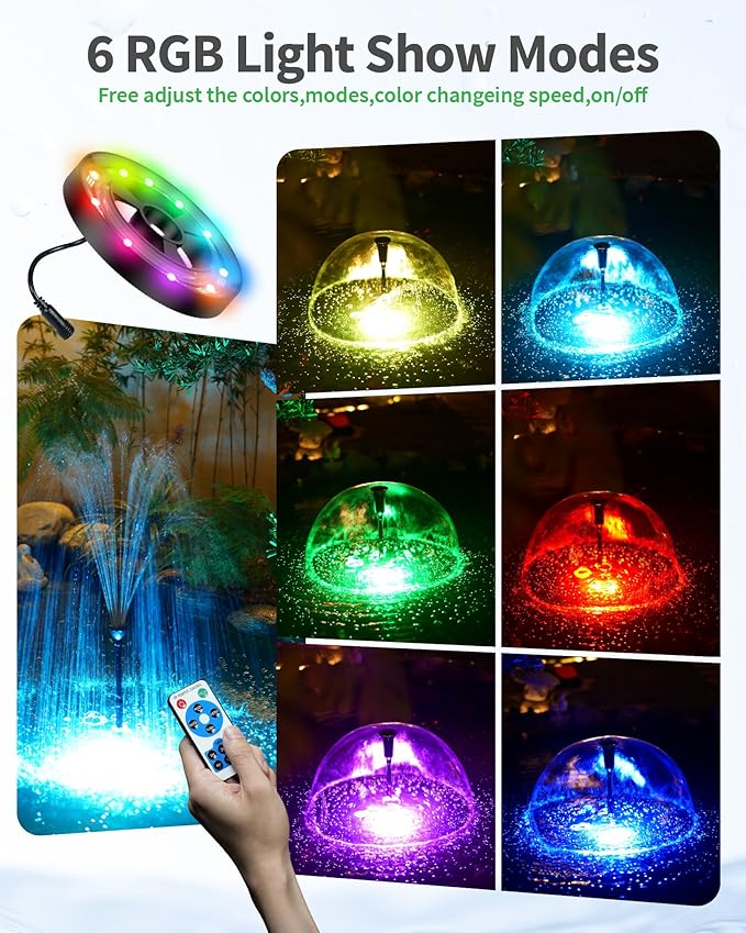 POPOSOAP Pond Fountain Pump Kit with RGB Lights & Remote Control, 660GPH Quiet Submersible Water Pump, Pond Pump with 3 Nozzles for Garden Koi Ponds, Fish Tank,Backyard Water Features Decor-P1104D