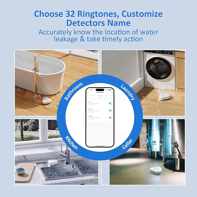 Smart Water Leak Detectors for Home WiFi with App Alerts, Stechro Ajustable 120dB Water Sensor Alarm Leak Detector for Basements Sink Kitchen Laundry, 1 Water Sensor & 1 Rechargeable Gateway
