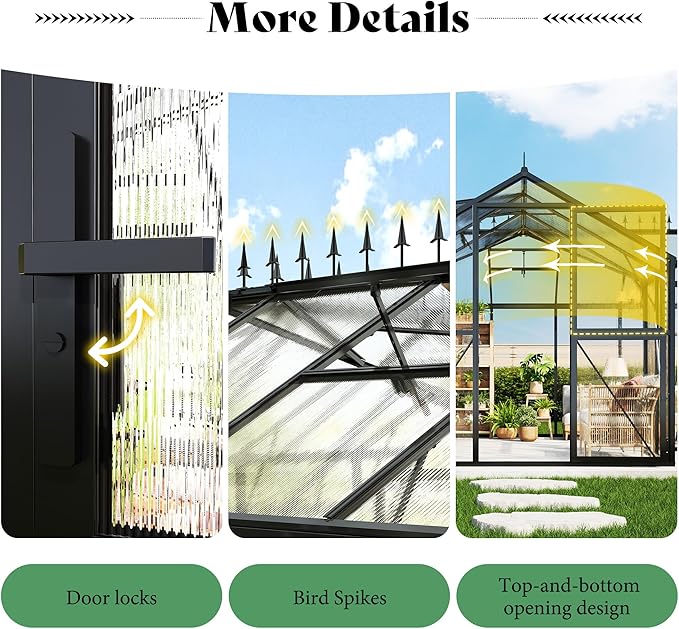 AMERLIFE 16.8 x 12 x 7 FT Outdoor Walk-in Greenhouse, Quick-Lock Assembly, Aluminum Frame with 2 Roof Vents, Double Doors & T-Shaped Design for Backyard/Garden, Black