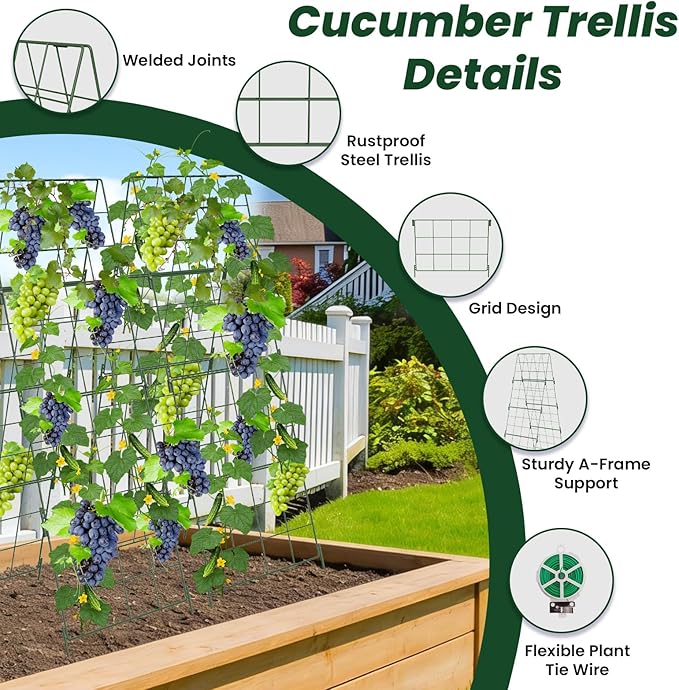 Adjustable A-Frame Trellis for Climbing Plants Outdoor, 48"x16" Cucumber Trellis for Raised Bed, Metal Garden Trellis with Grid Design, Tomato, Grape, Bean, Pea, Squash, Vegetable Trellis (Green)