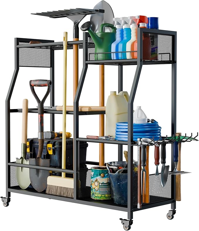 HOTEAGLE Garden Tool Organizer for Garage with 35.4” Width(High Stability), Outdoor Metal Utility Rolling Carts with Mute Wheels & 18.5mm Thick Rods, Easy to Clean, Black