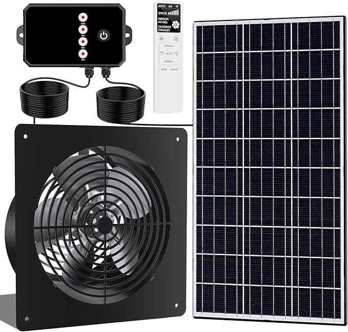 Solar Fan for Chicken Coop & Greenhouse, 6-Speed Reversible Airflow Vent System, Smart Wireless Remote & 17ft Cable