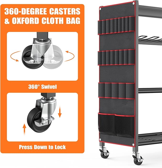 TORACK Rolling Power Tool Storage Cart, 4-Tier Large Drill Organizer with Slots for 12 Drills, Freestanding Cordless Tool Rack with Wheels for Garage & Workshop