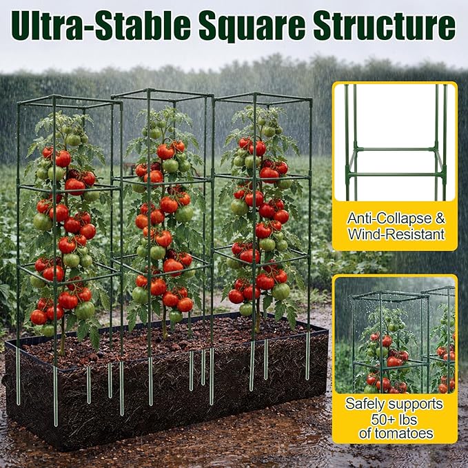 BobbleT 3 Pack Heavy Duty Tomato Cages with 86 Gallon Grow Bag, 41" Adjustable Tomato Trellis for Raised Garden Bed, Sturdy Square Plant Support for Climbing Vegetables, Cucumbers & Garden Plants