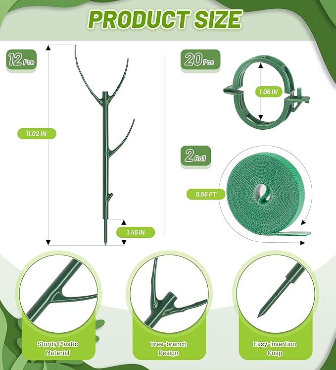 Plant Support Stakes, 12 Pcs Stackable Plant Support Poles with 20 Clips, 2 Roll Tie for Indoor Outdoor Monstera Climbing Plants, Green