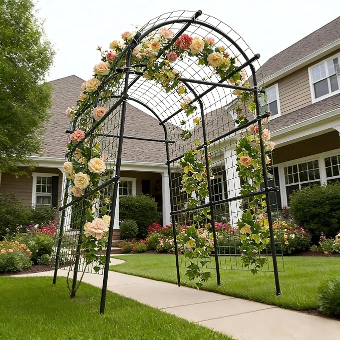 7Ft Adjustable Garden Arch Trellis for Climbing Plants Outdoor, Heavy Duty Rustproof Stainless Steel Cucumber Trellis for Raised Beds, Tall Metal Plant Support for Tomato, Squash, Beans, Flowers