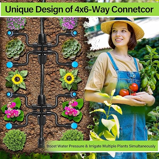Bonviee 50FT 5/16” Drip Irrigation Mainline Tubing with 4-Way Push-to-Connect Couplers (4 Pack) – Compact DIY Garden Irrigation Distribution System for Misting, Raised Beds & Small Spaces