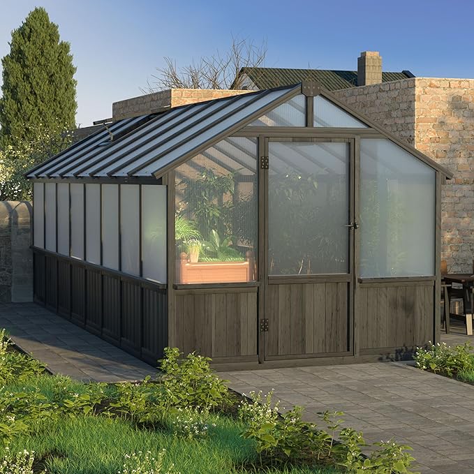 Mupater 8x16 FT Wooden Greenhouse, Heavy Duty Outdoor Garden Greenhouse Kit with Lockable Door & Vent Window, Large Walk-in Backyard Green House for Plants, Patio, Lawn, Black