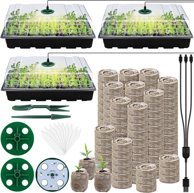 Hahood 3 Pack Seed Starter Tray Kit with Grow Light Germination Trays with Humidity Dome, 120 Peat Pellets, Gardening Tools, Plant Labels, Plant Growing Trays for Seeds Growing Starting, Black