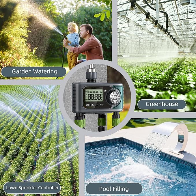 Sprinkler Timer 4 Zone, Programmable Water Timer for Garden Hose with Rain Delay, Manual and Automatic Irrigation Controller System, 4 Outlets Timed Irrigation Controller System for Lawn
