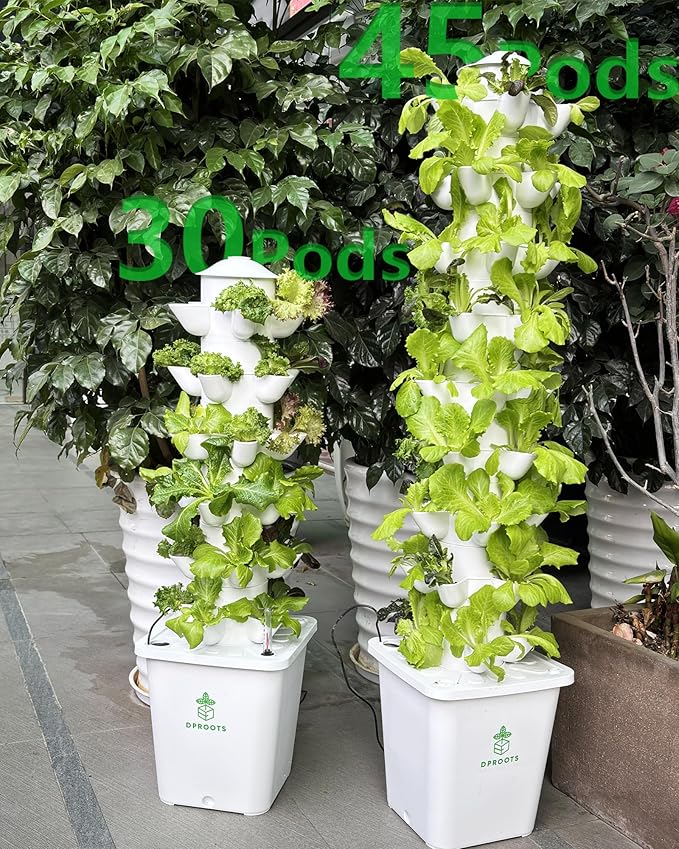 Hydroponic Tower Growing System，45 Pods Vertical Garden，Suitable for Indoor and Greenhouse, Grow Herbs and Vegetables，Houseplant Farming with Water Circulation and Automatic Timer