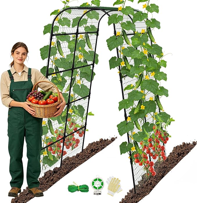 7Ft Adjustable Garden Arch Trellis for Climbing Plants Outdoor, Heavy Duty Rustproof Stainless Steel Cucumber Trellis for Raised Beds, Tall Metal Plant Support for Tomato, Squash, Beans, Flowers