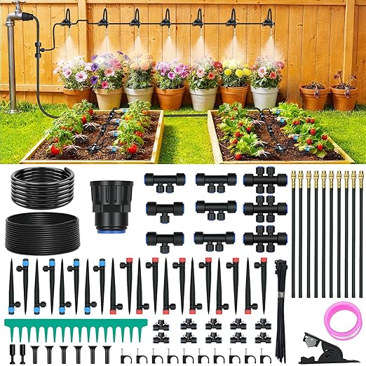 100FT Drip Irrigation Kit, Automatic Garden Watering System with Quick Connect PE Tubing, 2026 New Upgraded Water-Saving Design, 3 Adjustable Nozzles for Yard, Greenhouse, Lawn & Raised Bed Plants