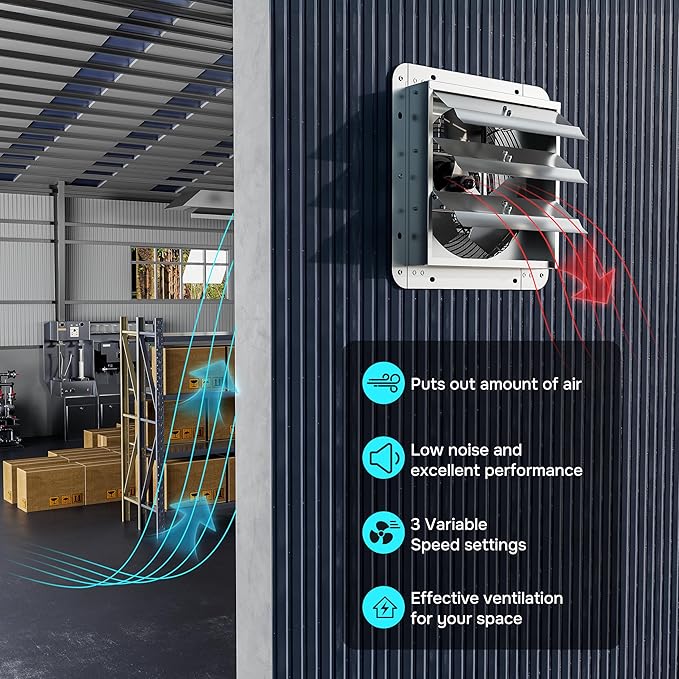 iPower 20 Inch Wall Mounted Shutter Exhaust Fan with Temperature Controller and Power Cord Kit, Aluminum, 1200 RPM, 3368 CFM, for Attic, Garage, Louvered Vent, Plant, Greenhouse, Silver