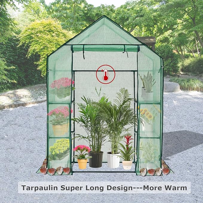 Purlyu Walk-in Greenhouse for Outdoors w/ Mesh Side Windows, 3 Tiers 6 Shelves PE Cover Green House Portable Warm House for Seedling Flowers Growing 20 Pcs T-Type Plant Tags Include (GHW001G)