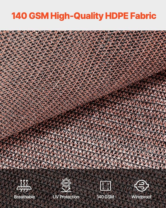 VEVOR 90% Sun Shade Cloth, 10 x 12 ft Pergola Shade Cover with Stainless Steel Grommets, Sun Shades Canopy Privacy Screen with 140 GSM HDPE Material, for Outdoor, Patio, Garden, and Backyard (Brown)