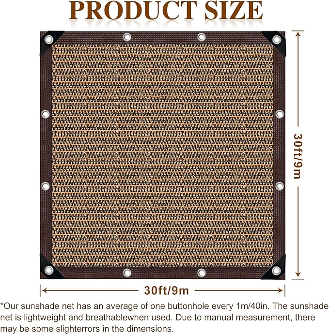 Shade Cloth,80% Sunblock Net with Metal Grommets and Reinforced Edges,Garden Sun Shade Netting,Used in Courtyards,Balconies,Carports,Greenhouse, Plants Growing,Chicken Coop Patios etc.30x30FT