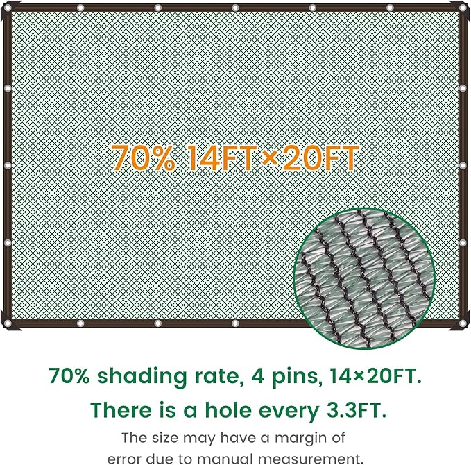 70% 14 X 20 FT Green Shade Cloth, Outdoor Woven Sun Shade with Grommets, Durable Breathable Netting Shading Antifreezing for Patio, Garden, DIY Home, Plants Cover, Greenhouse, Dog Kennel