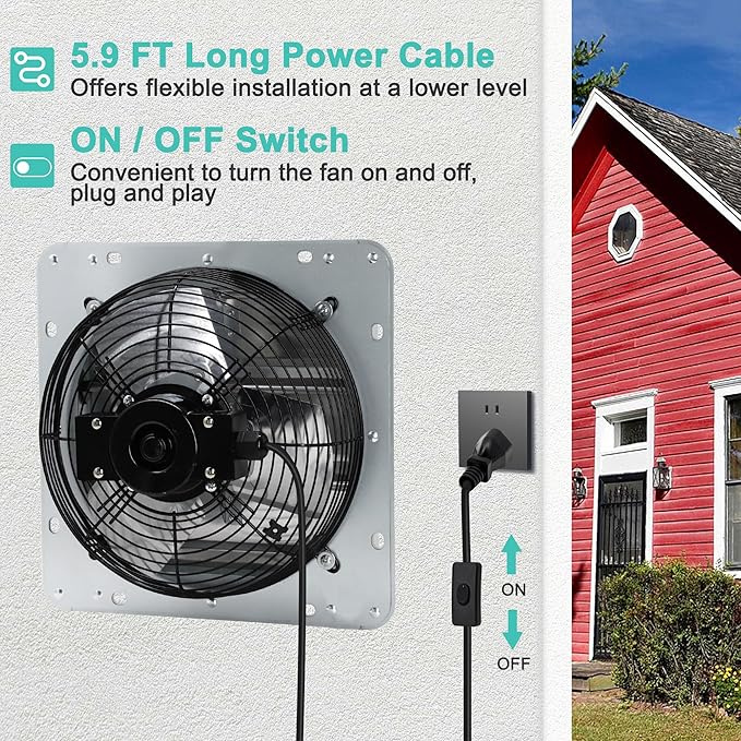 7 Inch Shutter Exhaust Fan, Wall Mount Attic Fan with Power Cord for Greenhouses, Sheds, Garages, Chicken Coops, Barns Ventilation, 760 CFM