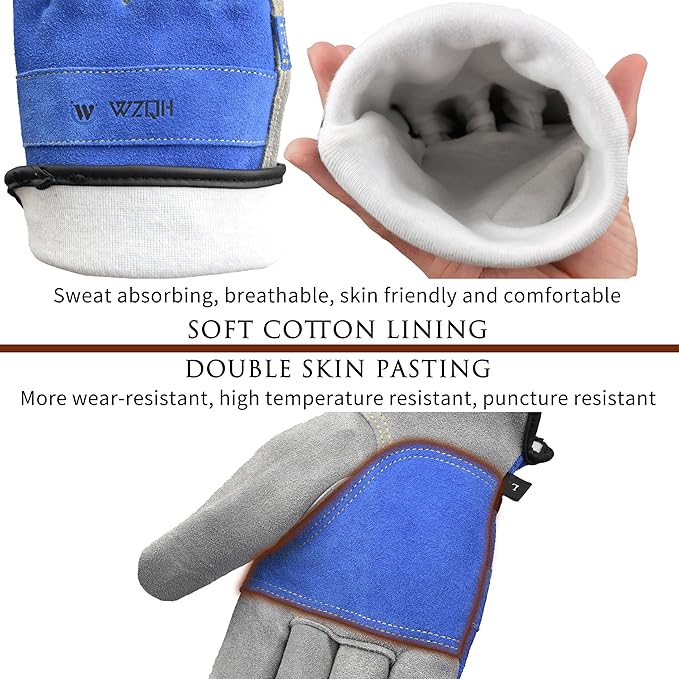 WZQH Leather Work Gloves for Men or Women. Small Glove for Gardening, Tig/Mig Welding, Construction, Chainsaw, Farm, Ranch, etc. Cowhide, Cotton Lined, Utility, Firm Grip, Durable. Blue-Grey S