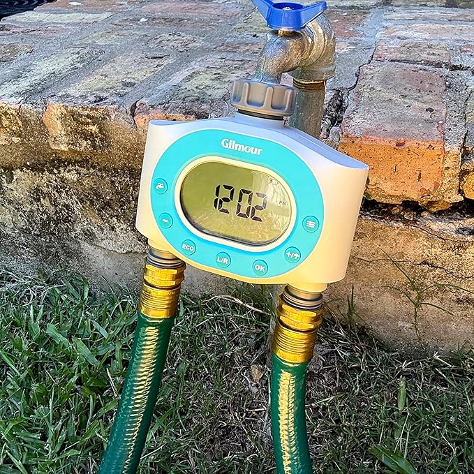 Gilmour Dual Outlet Water Timer for Garden Hose, Programmable Automatic Watering System, LCD Screen, Rain Delay, Battery Operated