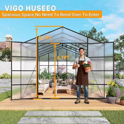 104in High 10x12FT Greenhouse for Outdoors, Polycarbonate Greenhouses with Stronger Wind Protection and Roof Vent, Walk-in Large Aluminum Winter-Proof Sunroom, Black