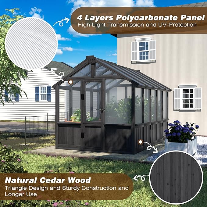Yardenaler 6x10 FT Greenhouse Kit for Outdoor, Thickened Polycarbonate Panel Wooden Walk-in Green House with Lockable Door and Adjustable Roof Vent, Backyard Garden, Black