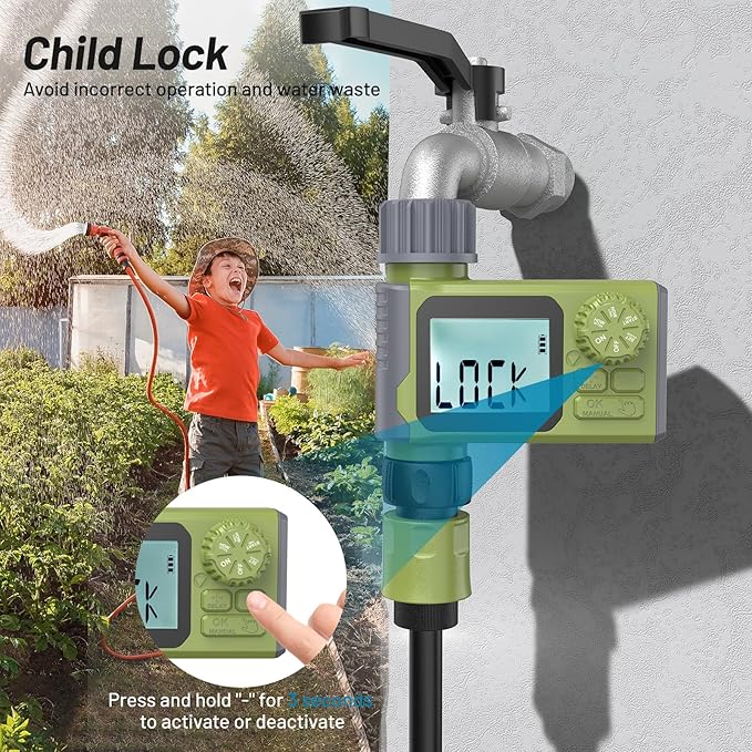 Sprinkler Timer, Hoses Timer for Watering, Water Scheduling Device for Tube Programmable with Auto/Manual/Rain-Delay Watering System, Water Hoses Timers for Yard, Lawn, Pool (Green)