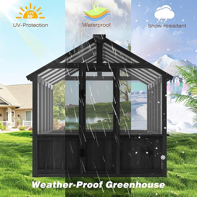 MUPATER 6 x 10 FT Wooden Polycarbonate Greenhouse with Ventilated Window & Lockable Door, Multi-Layer PC Panels for UV Protection, Walk-in Greenhouse Kits Outdoor, Garden and Backyard, Black