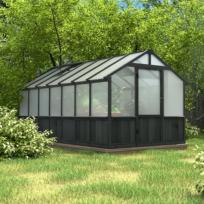 Yardenaler 8x14 FT Outdoor Greenhouse Kit, Wooden Greenhouses for Outdoors Walk-in Green House with 6MM Thick Polycarbonate Panel & Adjustable Roof Vents, Backyard Garden, Black