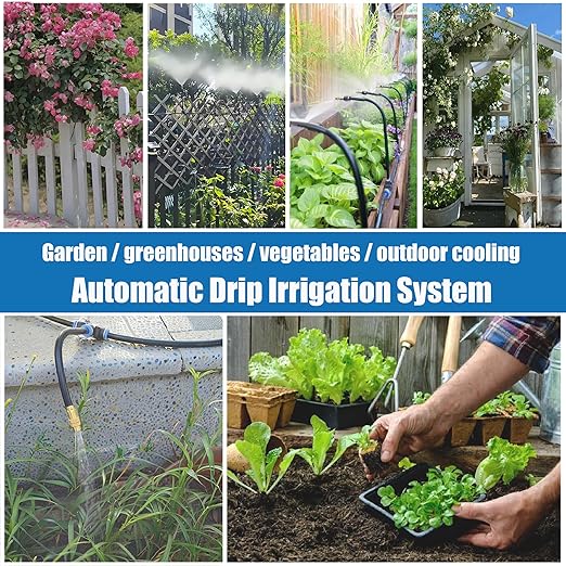 Dianrui Drip Irrigation System—50FT 1/4" Garden Watering System with 16pcs Copper Nozzles, 360° Curved Garden Automatic Irrigation System for Garden/Lawn/Greenhouse/Raised Beds/Outdoor Plants