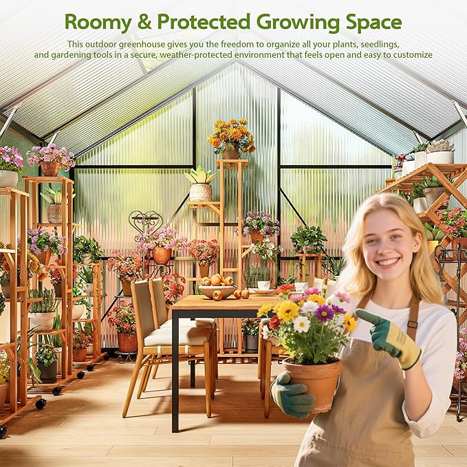 Wanan 8x14FT Greenhouses for Outdoors, Quick Assembly Polycarbonate Green House with UV Protection, Windproof Aluminum Frame Heavy Duty, Adjustable Roof Vent for Backyard or Outdoor Garden Use