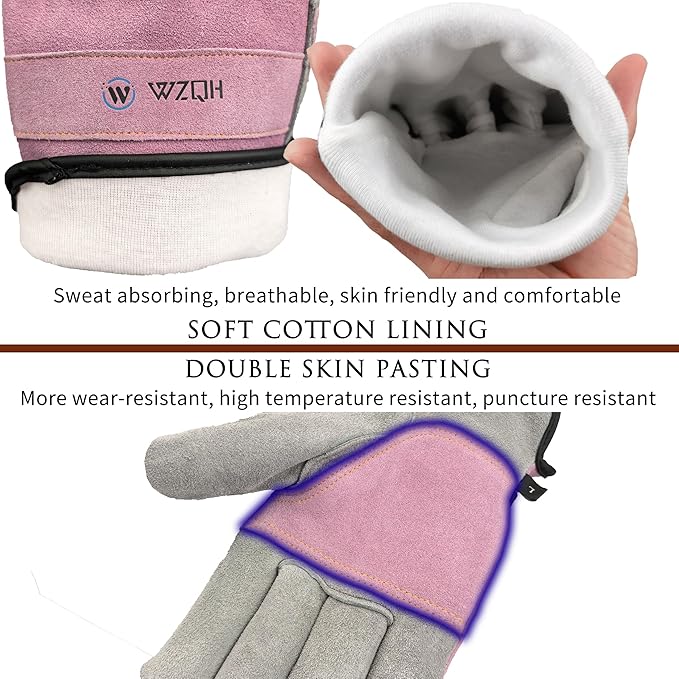 WZQH Leather Work Gloves for Men or Women. Large Glove for Gardening, Tig/Mig Welding, Construction, Chainsaw, Farm, Ranch, etc. Cowhide, Cotton Lined, Utility, Firm Grip, Durable. Pink-Grey L